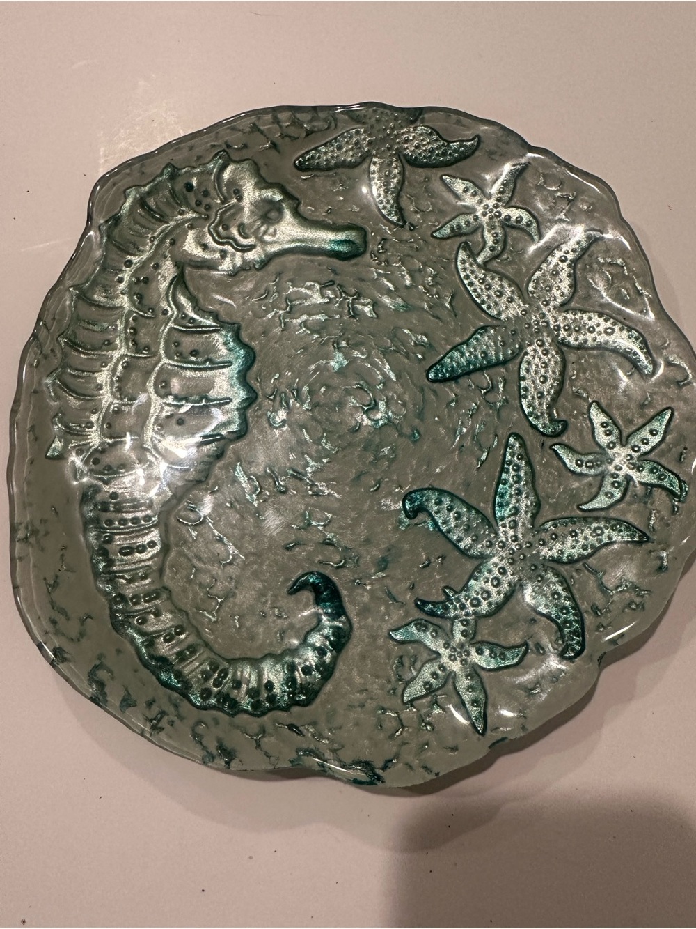 Seahorse & Starfish Decorative Glass Plate - Teal Accent